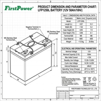 FirstPower LFP1250L 12V 50Ah con BMS Integrado para Carritos de Golf y Herramientas Eléctricas, Sistema Híbrido Solar, Energía de Respaldo