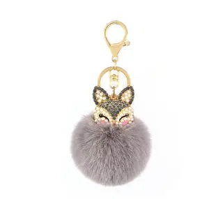 Dễ thương Mini Fox lông bóng Keychain handmade Fluffy lông Pompom bóng dát Rhinestone Lady Túi phụ kiện Xe móc chìa khóa mặt dây chuyền