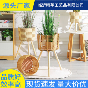 Support à fleurs en rotin avec base en bois massif, porte-plantes d'intérieur, pour salon, balcon, support de pot en bambou tissé sur pied - Product Image 4