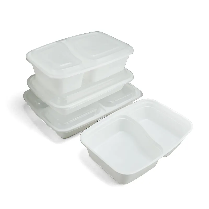 علبة طعام بلاستيكية بسعر المصنع حاوية تحضير وجبة غذائية مكونة من حجرتين للأرز وعاء طعام مستطيل سريع الاستعمال للاستعمال مرة واحدة