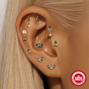 Gaby Piercing Jewelry S925 Sterling Silver Flat Stud <strong>Earrings</strong> Natural Stone Aquatic Agate Ear Bone Nail <strong>Daith</strong> Cartilage <strong>Earring</strong> - Product Image 2