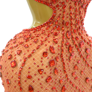 <span class=keywords><strong>Mini</strong></span> Abito da Donna <span class=keywords><strong>in</strong></span> Rete Trasparente Arancione Rosso con Strass, Halter, Cut-out, Bodycon, per Spettacoli e Serate - Product Image 6