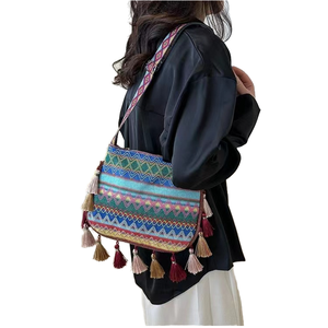 Sac fourre-tout ethnique d'été grande capacité en polyester tissé, style bohème tribal vintage, avec fermeture éclair, pour femme, antivol - Product Image 1