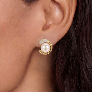 Boucles d'oreilles clous en cuivre plaqué or 18 carats avec spirale, pavé de zircons cubiques et perle rose pour femme, bijoux modernes et chics, cadeau idéal - Product Image 4