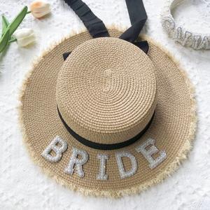 <strong>Personalised</strong> Beach Women Summer Foldable Sun <strong>Straw</strong> Beaded <strong>Hat</strong> Bride/Mrs <strong>Straw</strong> <strong>Hats</strong> Bridesmaid <strong>Hat</strong> for Bride Party - Product Image 4