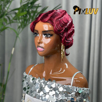 Wig rambut manusia potongan pixie pendek grosir, warna 99j, vendor wig potongan pixie, rambut manusia gelombang jari untuk wanita kulit hitam, tanpa lem