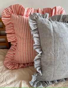 Blue Ticking Stripe Lino Ruffled Euro Sham, Funda de cojín a rayas de caramelo con volante, Suavizado Shabby Chic Reversible Pillow Sham - Product Image 3