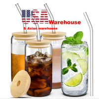 Entrepôt USA – Verres à Bière et Verres à Café Glacé 16 oz, Forme de Canette, avec Couvercle en Bambou et Paille en Verre