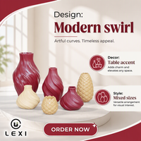 Set Vas Keramik LEXI Diagonal Swirl Fluted 4 Buah Warna Burgundy Cream Matte, Vas Bunga Dekorasi Rumah yang Tahan Lama untuk Rak Mantel