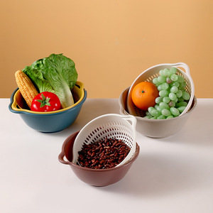 Double Layer Plastic Drain Basket Set For Kitchen Vegetable Fruit Washing Blue Purple Beige Colanders Strainers - Product Image 3