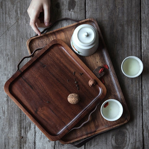 Japanese Style Solid Wood Rectangular <b>Tray</b> With Leather Handle For <b>Tea</b> Coffee Serving Home Use - Product Image 2
