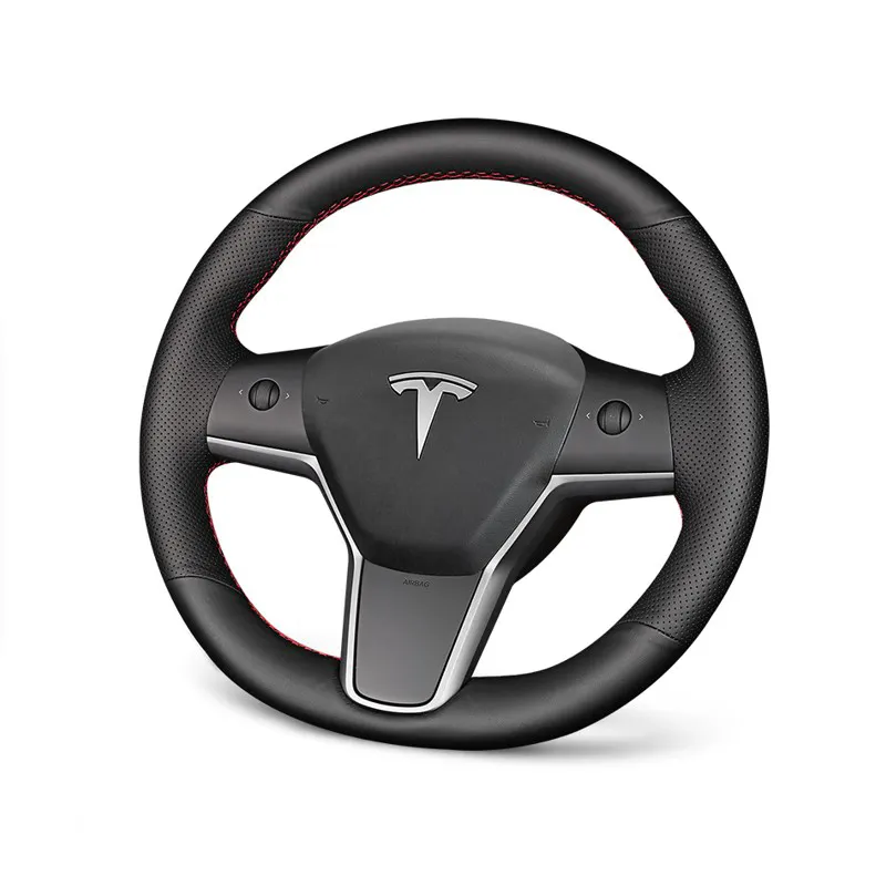 Luxury Custom Fit Tesla Steering Wheel Cover Genuine Leather Hand-Stitched for Tesla Model Y