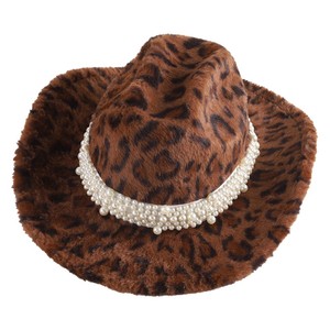 ZhenXi Sombrero de vaquero de felpa con estampado de leopardo y banda de perlas M56-58cm, sombrero cálido para otoño e invierno para hombres y mujeres - Product Image 5