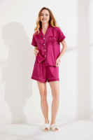 FUNG 3034 Piyama Wanita Mewah Warna Solid Lembut Lengan Pendek Bahan Sutra 80% poliester & 20% spandeks Set Piyama 2 Potong Baju Tidur