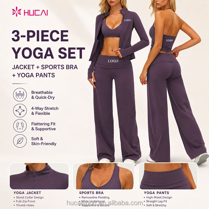 Custom Logo Breathable Halter Sports Bra Women Zip Workout Jackets 3 Pieces Gym Sets Fold Over Waist Flared Yoga Leggings Sets