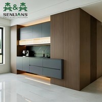 Buffet de bar à café contemporain avec portes sans poignées en charbon de bois, quatre tiroirs profonds et éclairage intérieur LED chaud