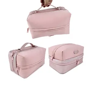 New Design Custom Logo PVC Nylon Double Layer Multifunctional Makeup Bag Travel Toiletries Cosmetic Bag Caes With Handle