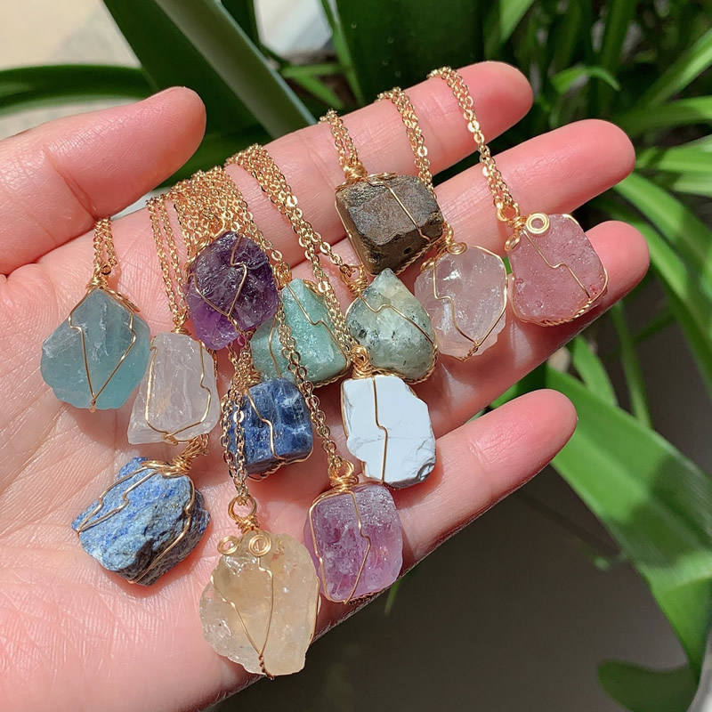 Dainty Handmade Gold Wire Wrap Colorful Birthstone Gem Stone Rough Raw  Stone Healing Crystal Necklace for Women Men