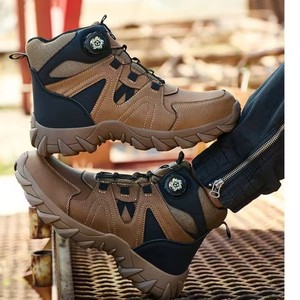 High Top Safety Shoes Steel Toe Shock Resistant Construction Work Boots Men Brown Black Button Closure - Product Image 3