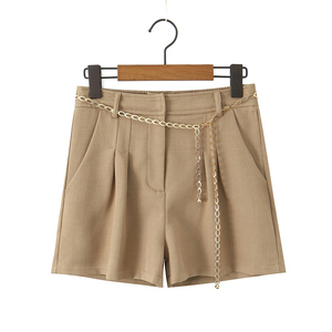 <strong>Khaki</strong> Color Zipper Fly Sashes Pleated Casual Fashion Summer <strong>Shorts</strong> for <strong>Women</strong> - Product Image 1