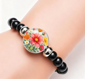 Blank Sublimation Beaded <strong>Bracelet</strong>, Black Glass <strong>Elastic</strong> Stretch Bangle , Customizable Photo Charm Jewelry Gift - Product Image 1