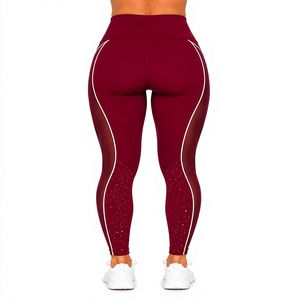 <b>Women</b>’s Burgundy High Waist Athletic <b>Leggings</b> with Mesh Side Panels Reflective Piping and Rhinestone Detail - Product Image 1
