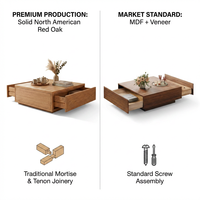 Table basse moderne en bois massif chêne rouge - Table centrale design avec deux tiroirs à ouverture par pression, écologique et durable pour une vie de luxe