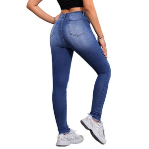 Women's Ripped Skinny <b>Jeans</b> High <b>Elasticity</b> Medium Blue Street Fashion Europe America Cross Border Sale - Product Image 4