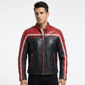 <b>Mens</b> Real Black Red Leather <b>Jacket</b> <b>White</b> Racing Stripe Biker Motorcycle Cowhide Coat Quilted Shoulder Custom Classic Winter Wear - Product Image 1