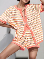 Ensemble deux pièces ample en maille ajourée rayée pour femme, cardigan boutonné à manches courtes et short à taille élastique, tenue de détente printanière
