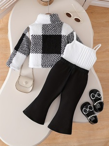 Setelan Tiga Potong Kasual Festival Musim Dingin untuk Bayi Perempuan: Mantel + Rompi Putih + Celana Lonceng Hitam Bahan Spandex/Poliester - Product Image 2