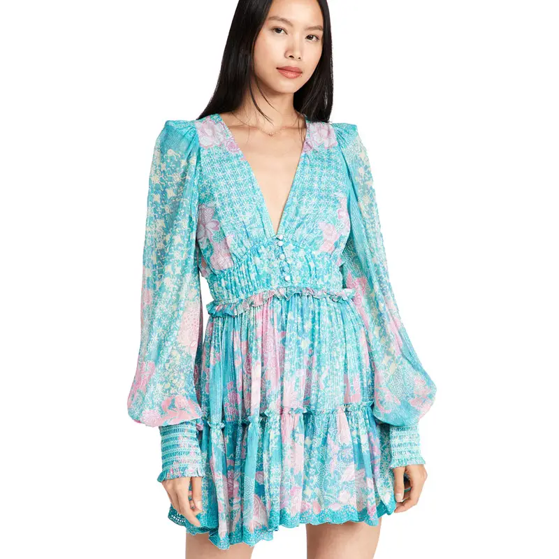Ladies Clothes Beach Stylish Print Chiffon Long Sleeve V Neck Smocked Ruffles Casual Women Mini Dresses