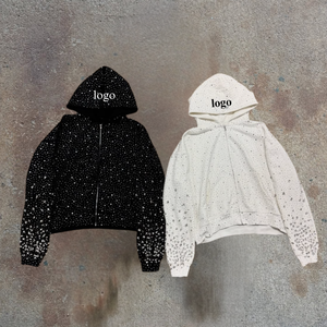 Sweat-shirt à capuche personnalisé avec strass, veste en molleton de luxe, sweat-shirt à capuche en molleton français avec cristaux de diamant, surdimensionné, lourd, court, fermeture éclair pour homme - Product Image 1