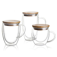 LANGXU tasse à café en verre à double paroi transparente avec couvercle en bois et poignée de différentes tailles Vente en gros