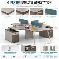 Bureau d'îlot pour 4 personnes en forme de croix avec écran de confidentialité et armoire pour bureau moderne