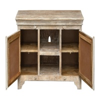 Meuble TV en bois massif sculpté à la main avec armoires de rangement et étagères ouvertes – Finition naturelle rustique