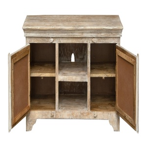 Hand-Carved Solid Wood TV <b>Unit</b> with <b>Storage</b> Cabinets & <b>Open</b> Shelves – Rustic Natural Finish - Product Image 2