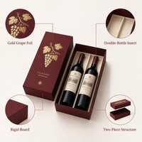 Boîte cadeau personnalisée pour deux bouteilles de vin rouge, boîte rigide avec couvercle et base, avec feuille d'or en forme de raisin pour l'emballage de vin de 750 ml