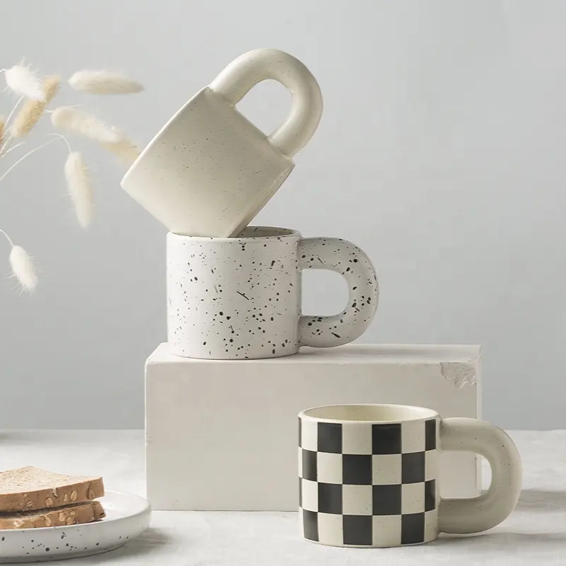 Splashed Ink Black White Chubby Fat Round Handle Ceramic Coffee Tea Mug Drinking Cup Trendy Aesthetic Nordic Style Mug