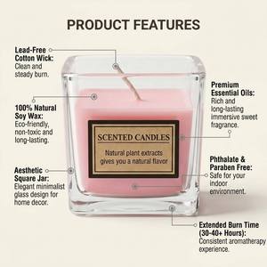 Luxury Square Glass Jar Scented Soy <b>Wax</b> <b>Candle</b> Natural Plant Extracts For Minimalist Home Decor Wholesale Private Label - Product Image 3