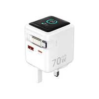 Nuevo Adaptador de Corriente USB-C USB-A de Carga Rápida GAN de 70W, Cubo Cargador QC PD con Pantalla TFT, Cable Retráctil y Protección OTP