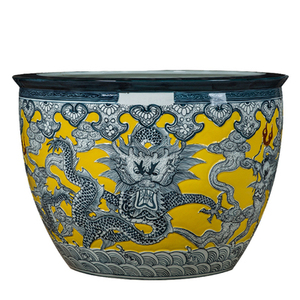 Macetas de <span class=keywords><strong>jardín</strong></span> de porcelana china grande antigua de Jingdezhen, macetas talladas a mano con patrón de dragón amarillo esmaltado para jardinería doméstica - Product Image 1