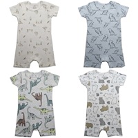 Romper pendek [potongan bahu terbuka, katun dua sisi], cocok untuk anak laki-laki dan perempuan, dengan motif binatang dan bunga.