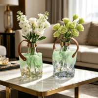 Vase en verre Millefiori soufflé à la main vert avec poignée en cuir, vase à fleurs transparent en forme de sac à main pour plantes hydroponiques