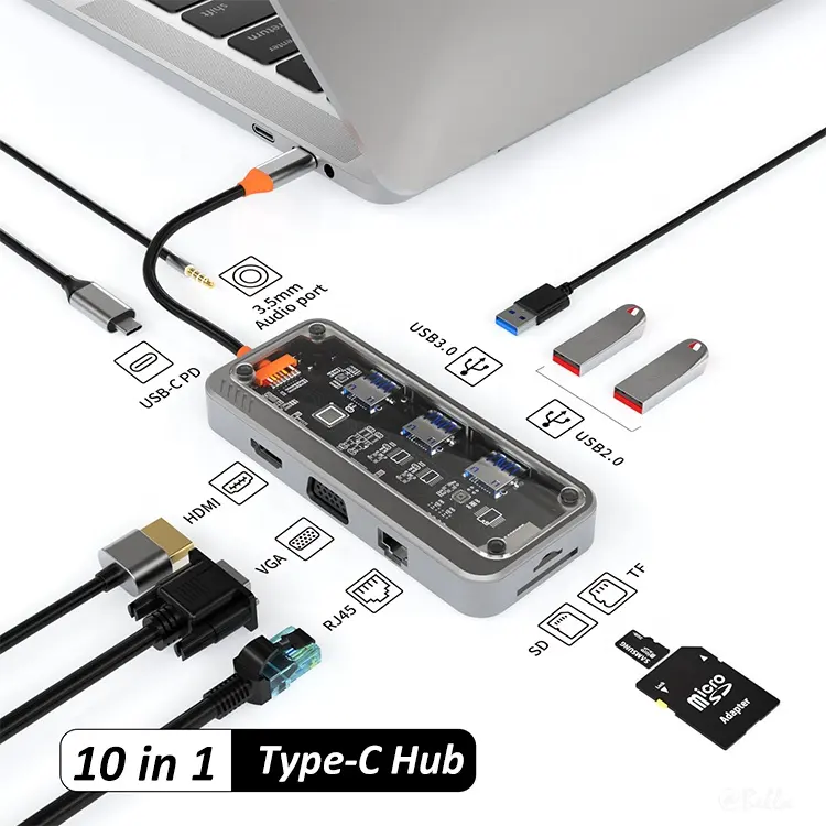 HUB Laptop Tipe c & pembaca kartu SD TF, Hub Laptop RJ45 PD pengisi daya USB 3.1 kompatibel Audio 4K 3.5mm VGA HDMI 4K 1