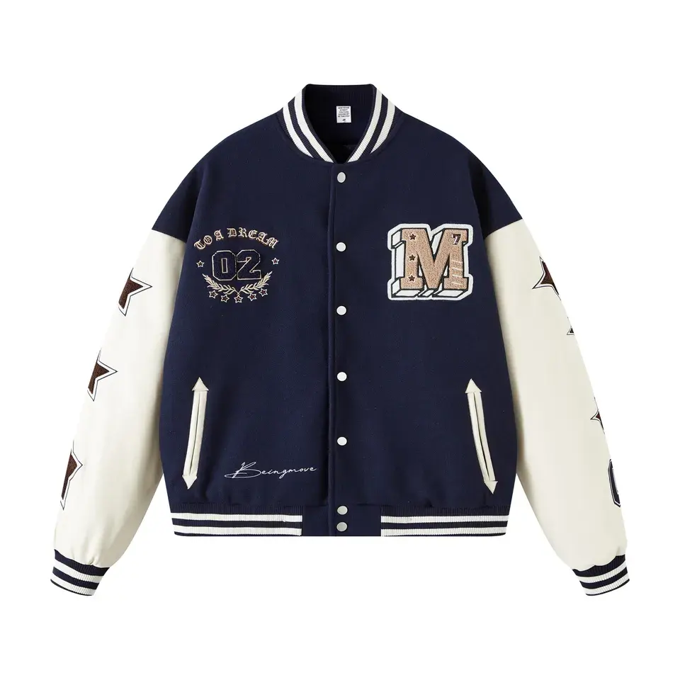 Custom Logo Leather Sleeves Embroidery Black Couple College Baseball Men's Jacket Letterman Light Blue Jacket