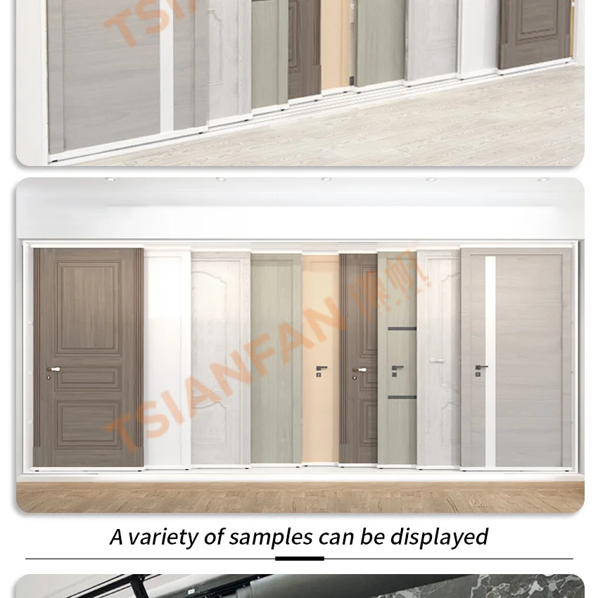 Tsianfan New Design Custom Slider Wooden Cabinet Door Sample Display Rack With Door Frame Sliding Doors Display Stand Exhibition