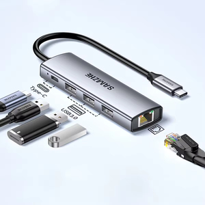 SAMZHE Type-C 10/100/1000 Mbps Station d'extension Ethernet Gigabit 5 ports USB-A 3.0 <span class=keywords><strong>Thunderbolt</strong></span> <span class=keywords><strong>4</strong></span> Répartiteur <span class=keywords><strong>RJ45</strong></span> en alliage d'aluminium en stock - Product Image 1