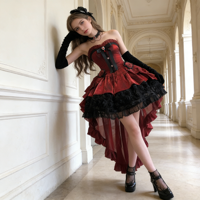 Robe Lolita pour femme adulte, rouge bordeaux gothique, courte devant et longue derrière, dentelle rose foncé, mariage