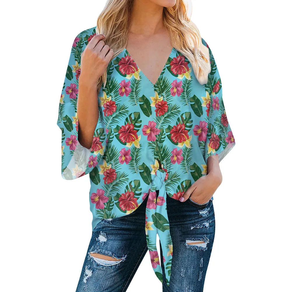 2021 Casual Blusas Dama Women's V Neck Tops Ruffle 3/4 Sleeve Tie Knot Blouses Floral Printed buttonless chiffon Shirts